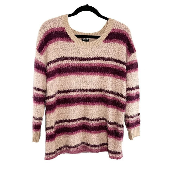 torrid Sweaters - Torrid Pink Striped V Neck Fuzzy Eyelash Sweater Women's Plus Size 00